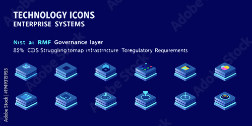 Isometric technology icons representing enterprise systems and governance layers