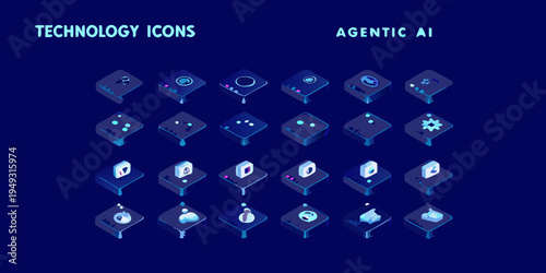 Isometric technology icons in shades of blue representing agentic ai concepts
