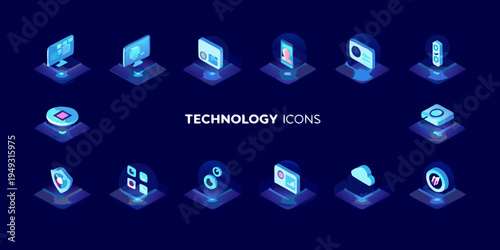 Isometric technology icons showcasing digital devices and communication interfaces