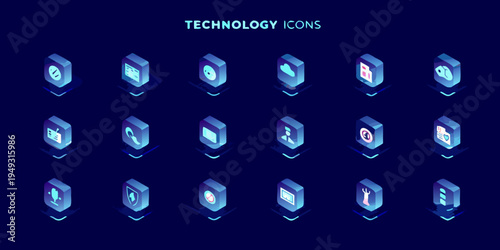 Isometric technology icons representing digital concepts and modern communication