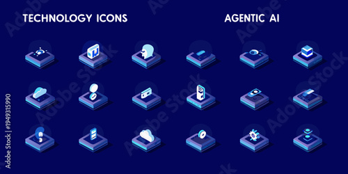 Isometric technology icons representing artificial intelligence and digital concepts