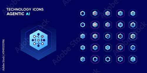 Collection of futuristic technology icons in a hexagonal grid layout