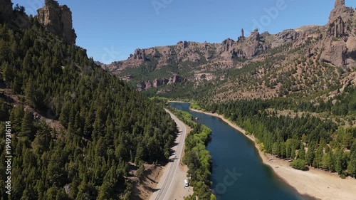 Valle Encantado and Limay River near Bariloche and Neuquen. Cinematic drone footage of the winding river and unique rock formations in Patagonia, Argentina.