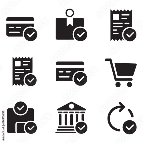 Collection of e-commerce and finance icons with checkmarks for confirmation and approval.