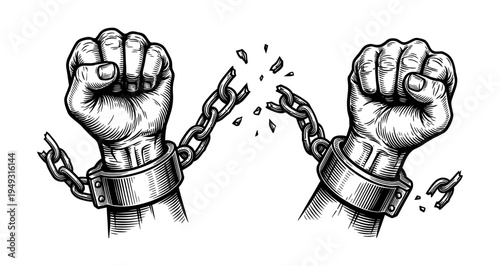 Clenched fist breaking chain and handcuff vintage engraving