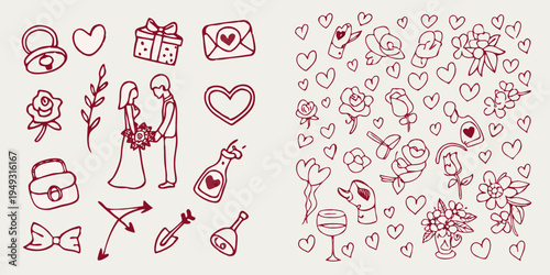 Hand drawn illustrations of love romance and wedding related elements