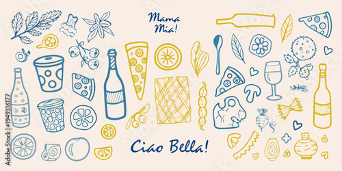 Hand drawn illustration of italian food drinks and decorative elements
