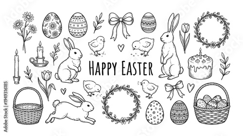 Happy Easter hand drawn sketch set with bunny chick and egg