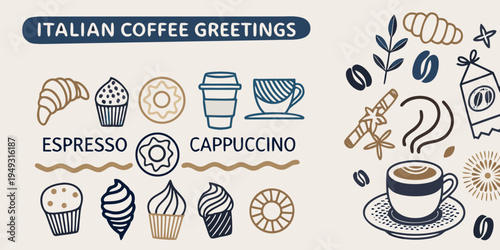 Italian coffee greetings with illustrations of beverages and pastries