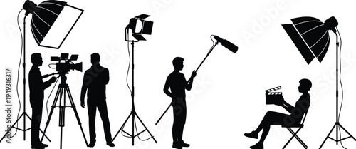 Silhouette illustration of professional film production crew with camera, boom microphone, clapperboard, and studio lights on movie set highlighting teamwork in filmmaking industry