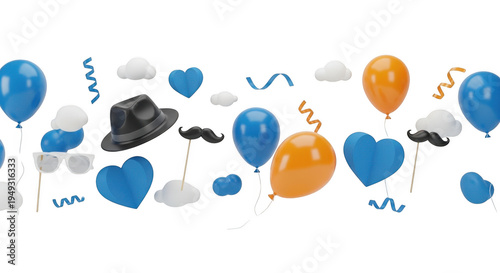 Father's day celebration elements: balloons, mustaches, hats, and hearts, fathers day