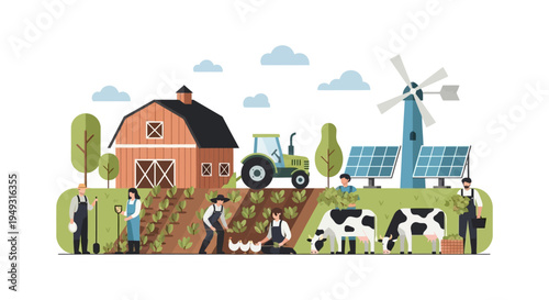Sustainable Modern Farm Illustration with Farmers, Tractor, Barn, Livestock, Solar Panels, and Wind Turbine for Rural Agriculture & Renewable Energy