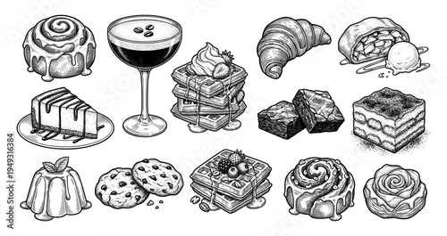 Dessert and pastry vintage engraving set with waffle and cake