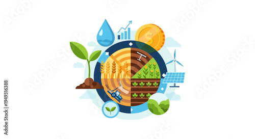 Sustainable Agriculture, Renewable Energy & Green Economy Cycle Illustration