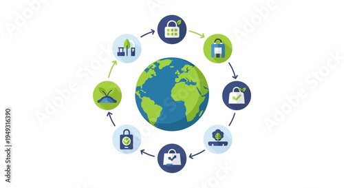 Global Circular Economy Concept with Green Icons: Sustainable Production, Consumption, and Environmental Responsibility Around Earth