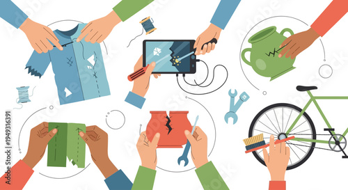 Sustainable Repair & DIY: Hands mending clothes, fixing cracked tablets, restoring pottery, and maintaining bikes. Embracing circular economy principles.