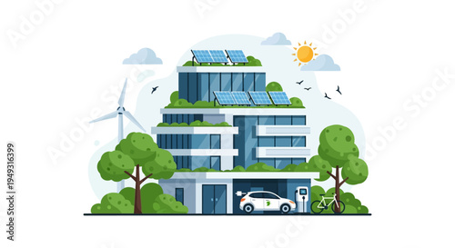 Sustainable Smart City Building with Solar Panels, EV Charging, Wind Turbine, and Green Infrastructure - Eco-Friendly Urban Living