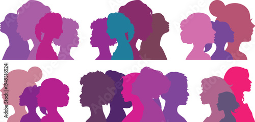 Colorful women diversity icon set portraits collection representing female empowerment, equality, community and multicultural identity in modern artistic style.