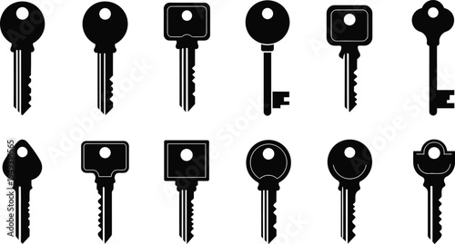 Collection of modern simple house keys and car keys in dark blue on white Background Keywords: key, house key, car key, modern key, simple key, key