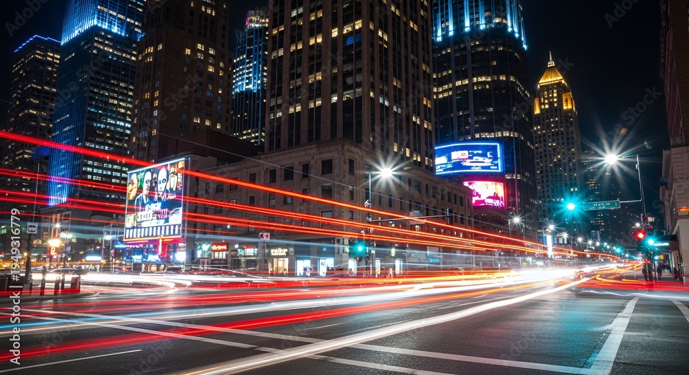 Fototapeta premium Long exposure shot of a bustling city street at night with streaks of light from moving vehicles