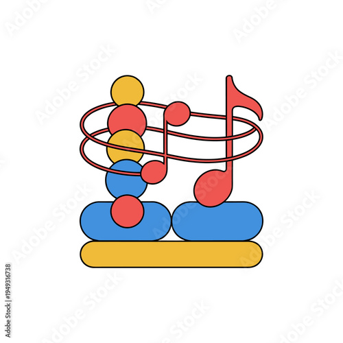 An abstract illustration featuring colorful musical notes intertwined with spherical shapes, representing creativity and harmony in music, Illustration, Colorful, Musical, Intertwined, Shapes, Harmony