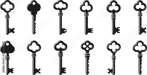 Collection of twelve vintage and ornate key silhouettes on a white background Keywords: key, keys, antique, vintage, old, silhouette, icon, symbol