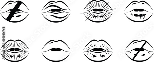 Set of abstract lip silhouettes, featuring various artistic patterns, lines, and textures in black and white vector icons for beauty, makeup, and fashion concepts.