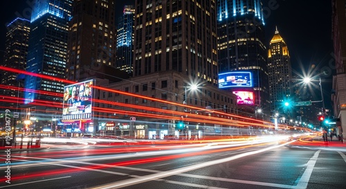 Long exposure shot of a bustling city street at night with streaks of light from moving vehicles