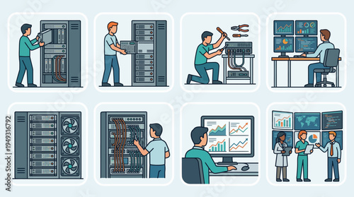 Data Center Server Management Vector Illustration Set Featuring Rack Installation, Cable Connection, System Monitoring, Data Analysis, Teamwork, Hardware Maintenance, Global Analytics, IT Infrastruct