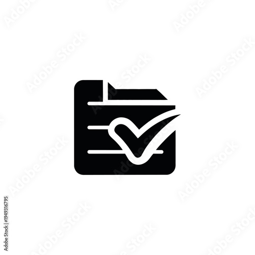 A simple black and white icon representing a document or file with a prominent checkmark, signifying completion, approval, or a to-do list
