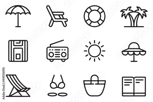 Minimalist Beach and Summer Leisure Line Icon Set Featuring Deck Chairs, Lifebuoys, Radios, and Tropical Palm Trees for Vacation Planning