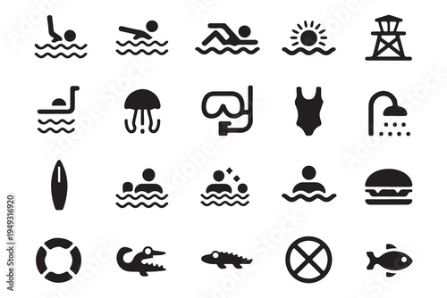 Solid Black Silhouette Icons for Swimming, Beach Safety, and Summer Activities