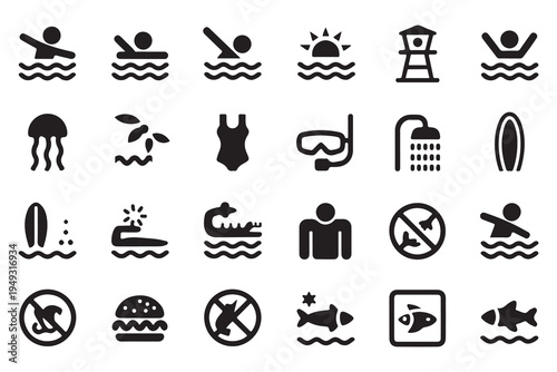 Beach Safety and Swimming Solid Icon Set for Water Activities