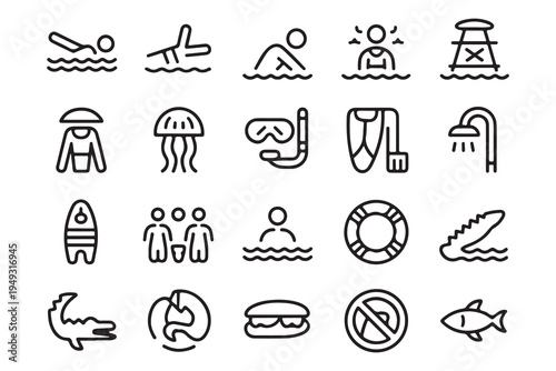Swimming and Pool Activity Outline Icon Set for Summer Vacation
