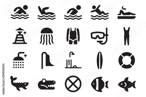 Water Sports and Marine Life Solid Icon Collection for Summer