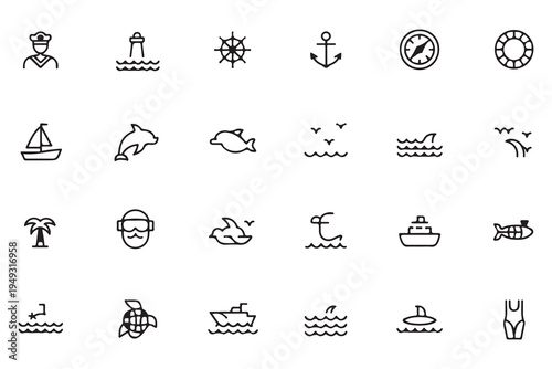 Nautical and Maritime Minimalist Outline Icon Set for Sea Travel