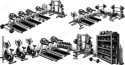 Gym fitness equipment vector illustration set, treadmills exercise bikes dumbbells weight racks and strength training machines for modern fitness center workout