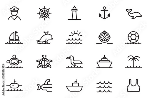 Nautical and Marine Line Icon Collection with Anchor, Lighthouse, Sailboat, and Sea Animals