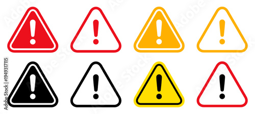 Exclamation mark warning signs, danger sign, triangle alert icons set, precaution mark in red black yellow colors