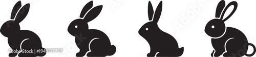 four cute black rabbits sitting in a row flat design vector illustration