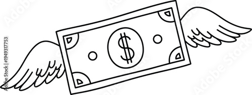 Flying money line art illustration, winged dollar banknote symbol, financial freedom concept, wealth growth idea, simple vector outline design