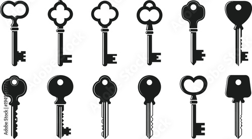 Variety of Ornate Skeleton Keys in Black Silhouette (59) [converted