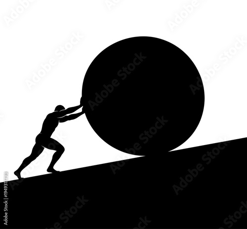 Man silhouette pushing heavy boulder up hill