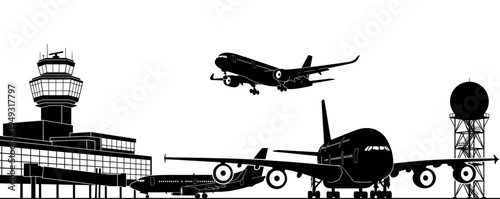 Airport silhouette with airplane takeoff and control tower