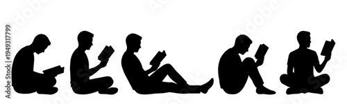 Man silhouette set sitting and reading book