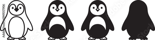 Cute Penguin Characters Set: Outline, Silhouette, and Flat Design Vector Illustration