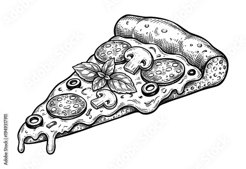 Pizza slice with mushroom pepperoni basil and olive