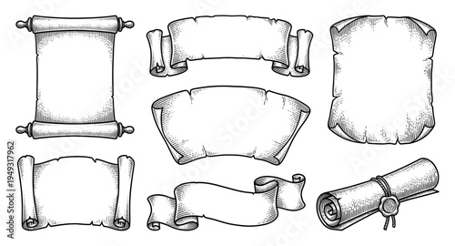 Old paper scrolls and ribbons in vintage engraving style