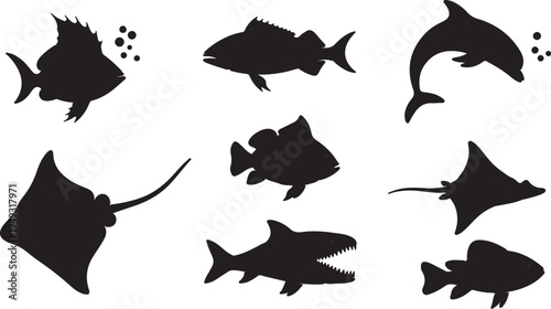 Minimalist marine animal silhouettes set with fish dolphin ray vector