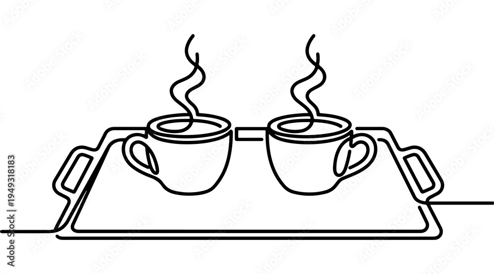 Fototapeta premium Silhouette of a Two hot coffee cups in serving tray continuous line on transparent background.